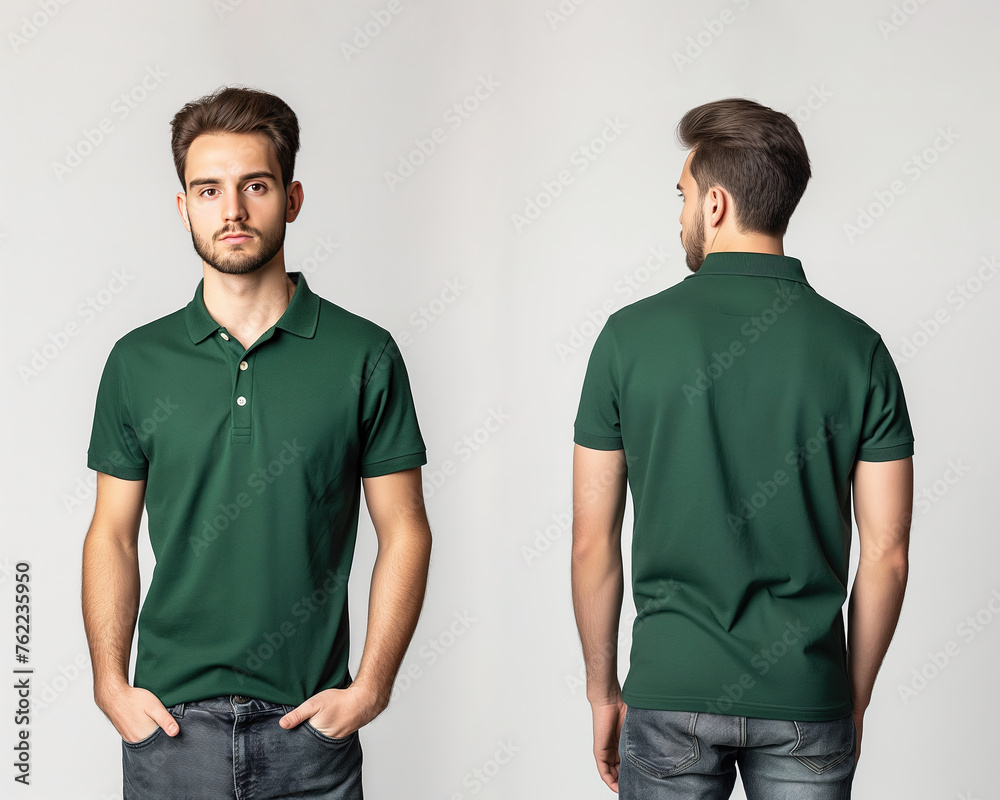 Front and back views of a man wearing a green polo shirt mockup template Front and back views of a man wearing a green polo shirt mockup template