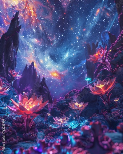 In the vast expanse of a distant galaxy  unusual flora with bioluminescent petals thrives