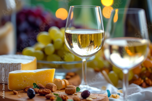 Visual guide suggesting perfect white wine and cheese pairings for a delightful National White Wine Day celebration. Gourmet and tasteful, using rich colors. 
