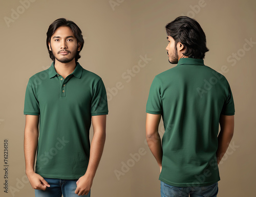 Front and back views of a man wearing a green polo shirt mockup template