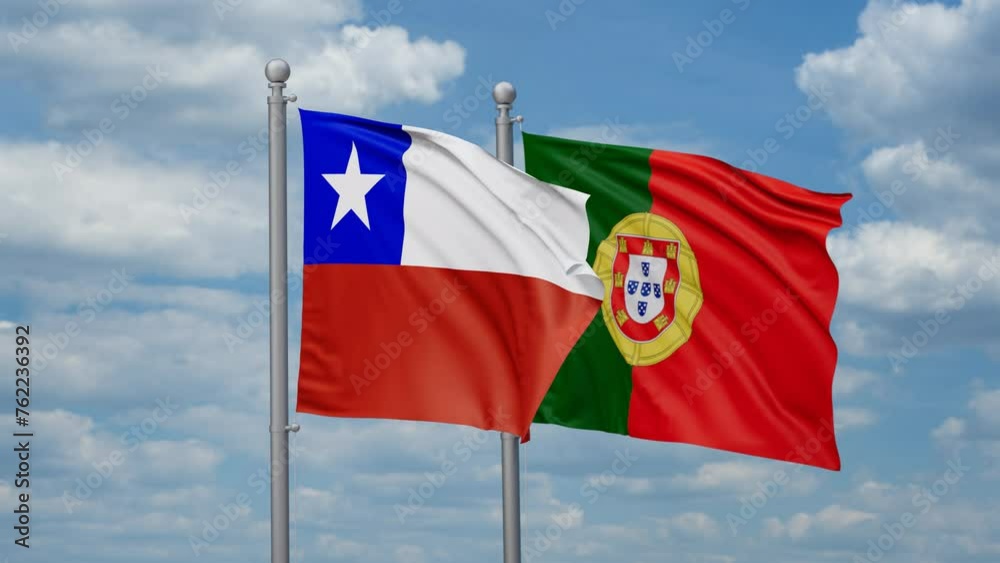 Portugal and Chile two flags waving together, looped video, two country cooperation concept Portugal and Chile two flags waving together, looped video, two country cooperation concept