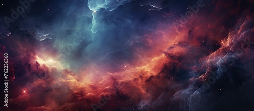 A stunning painting depicting a colorful nebula in space, with swirling clouds of gas resembling cumulus clouds in a celestial landscape