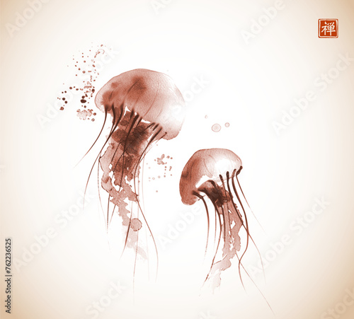 Ink painting of gracefully floating jellyfishes in vintage style. Traditional oriental ink painting sumi-e, u-sin, go-hua. Translation of hieroglyph - zen