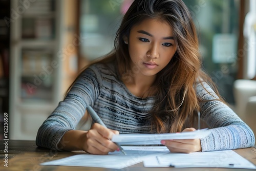 Young woman filling out financial aid paperwork for college tuition loan. Concept College Finances, Financial Aid Application, Young Adult, Education Expenses, Student Loans