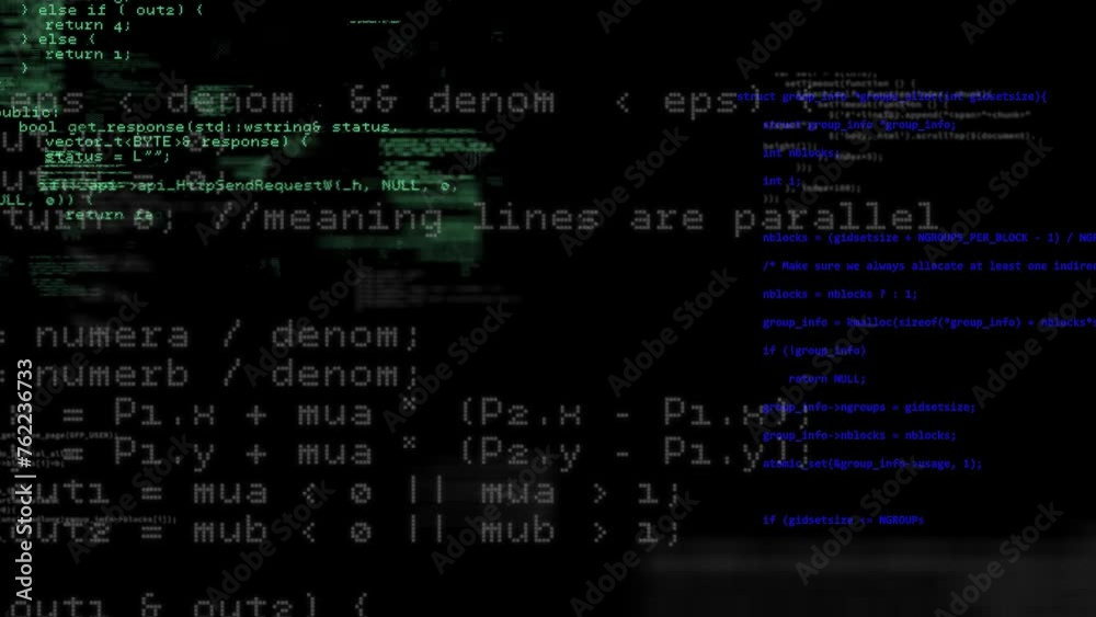 Programming computer code with glitch effect interference on display. Text animation with digital distortion. Damaged signal, computer virus. Hacker attack. 4k footage.