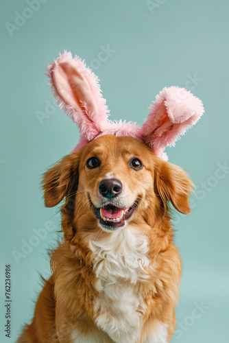 A joyful dog wearing pink bunny ears poses against a teal background. photo