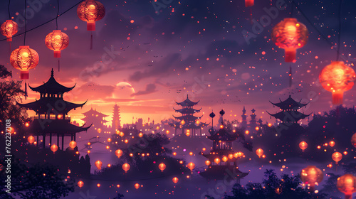 Mystical purple-hued background evokes the enchanting aura of the Lantern Festival, with intricate lantern motifs, shimmering lights, and silhouetted pagodas against a starry night sky