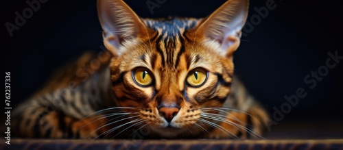 A closeup of a Bengal cat, a domestic shorthaired cat in the Felidae family. With its yellow eyes and whiskers, this carnivorous terrestrial animal showcases its beautiful fur