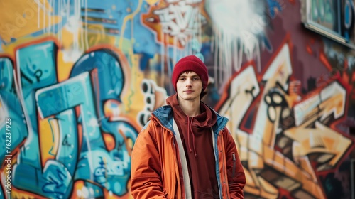A fashionable young man in a red beanie and jacket stands confidently against a vibrant backdrop of urban street art and graffiti..  © midart