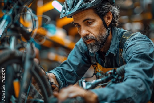 A focused bicycle mechanic with expertise fine-tunes a bike in a specialized workshop photo