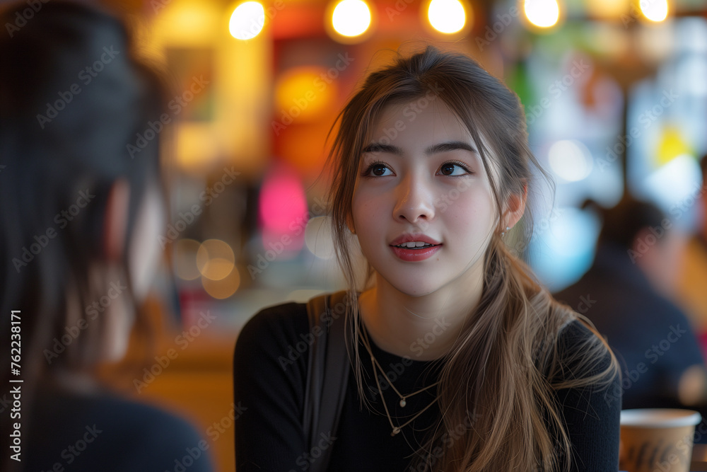 Thoughtful Young Woman in Conversational Cafe Setting. Young Asian woman looking thoughtful during a conversation in a vibrant cafe setting. Thoughtful Young Woman in Conversational Cafe Setting. Young Asian woman looking thoughtful during a conversation in a vibrant cafe setting.