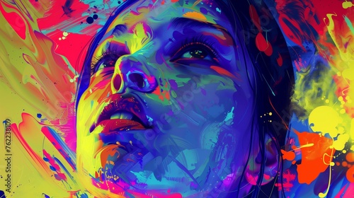 A girl against a background of surreal design using acid colors  psychedelic culture  will reflect overload with thoughts and digital technologies. 