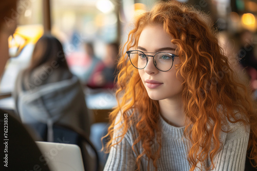 Pensive Redhead Woman with Glasses in Cafe. Thoughtful redhead woman with glasses sitting in a cafe, possibly taking a break from work.