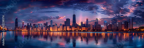 Captivating Skyline of Chicago: Illinois’ Dazzling Landmark Amidst the Reflective Lake Michigan in Night