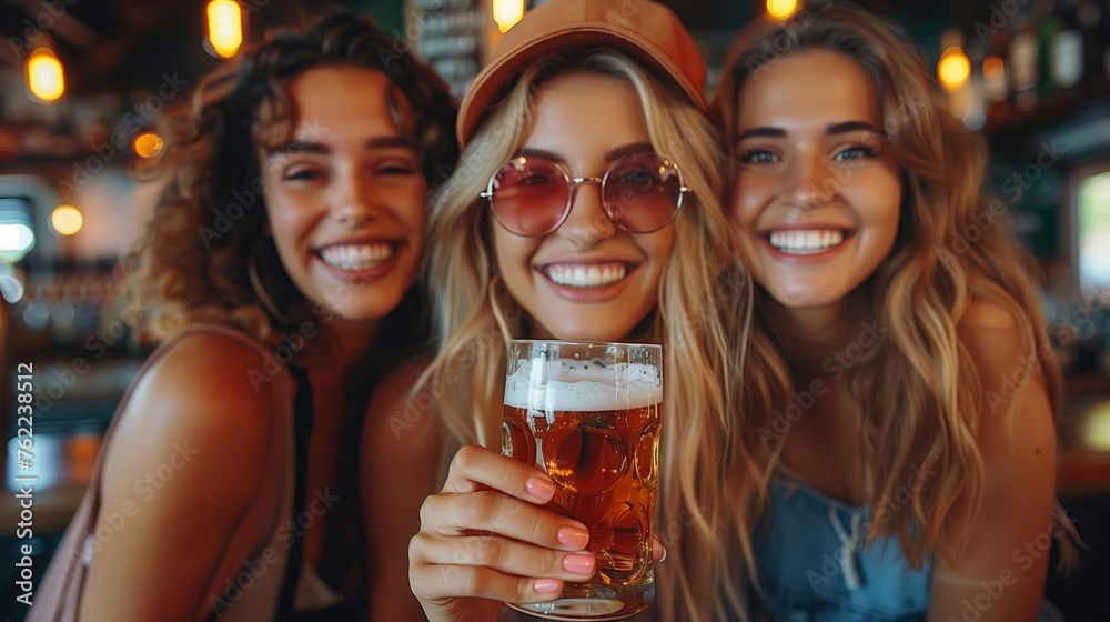 Three Friends Sharing Beers and Smiles at Pub. Three young friends share a joyful moment over a glass of beer, showcasing their close bond in a cheerful pub setting. Three Friends Sharing Beers and Smiles at Pub. Three young friends share a joyful moment over a glass of beer, showcasing their close bond in a cheerful pub setting.