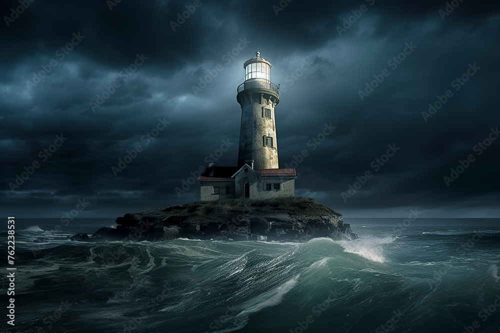 a lighthouse on a small rocky island, standing tall amidst turbulent seas under a stormy, overcast sky