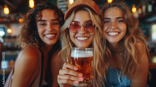 Three Friends Sharing Beers and Smiles at Pub. Three young friends share a joyful moment over a glass of beer, showcasing their close bond in a cheerful pub setting.