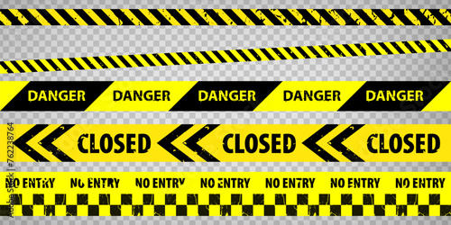Black and yellow police stripe border, construction, danger, no entry closed tapes set. Set of danger caution grunge tapes. Warning signs for your design on transparent background. EPS10