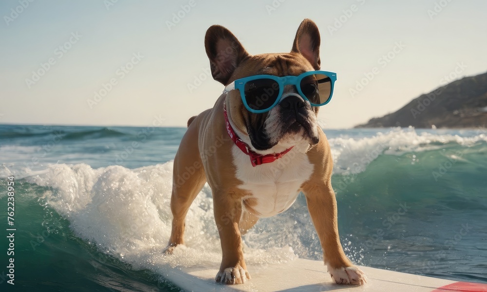 French dog on big waves, perfect for travel and vacation ads, promoting surfing gear, summer events and festivals banner concept.Concept for t- shirt design, backpacks and bags print,notebook covers .