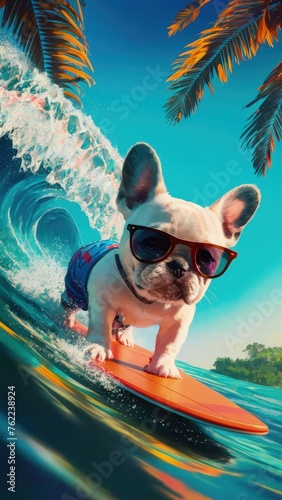 Surfing french bulldog puppy with sunglasses, perfect for promoting surfing events and competitions.Concept for t- shirt print and design, backpacks and bags print,notebook covers design. © Julija AI