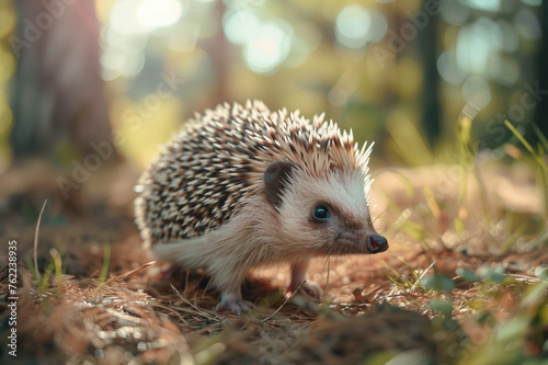 Close-up portrait of cute hedgehog in the forest. 