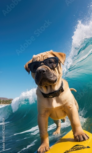 Shar pei dog on big waves,perfect for travel and vacation ads,promoting surfing gear, summer events and festivals banner concept.Concept for t- shirt design, backpacks and bags print,notebook covers . © Julija AI