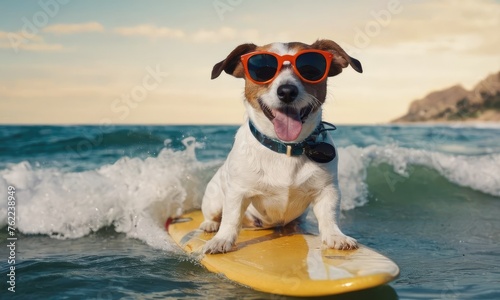 Jack russel dog with sunglasses riding waves perfect for promoting surfing schools or camps with touch of humor.Concept for t- shirt print and design, backpacks and bags print,notebook covers design. © Julija AI