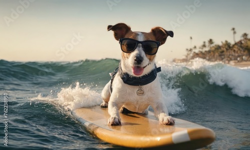Jack russel on big waves,perfect for travel and vacation ads, promoting surfing gear, summer events and festivals banner concept.Concept for t- shirt design, backpacks and bags print,notebook covers .
