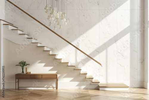 A beautiful wooden staircase is the centerpiece of the room, surrounded by houseplants and large windows. The hardwood flooring completes the elegant look