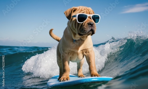 Shar pei dog with sunglasses riding waves, perfect for promoting surfing schools or camps with a touch of humor.Concept for t- shirt print and design, backpacks and bags print,notebook covers design. © Julija AI
