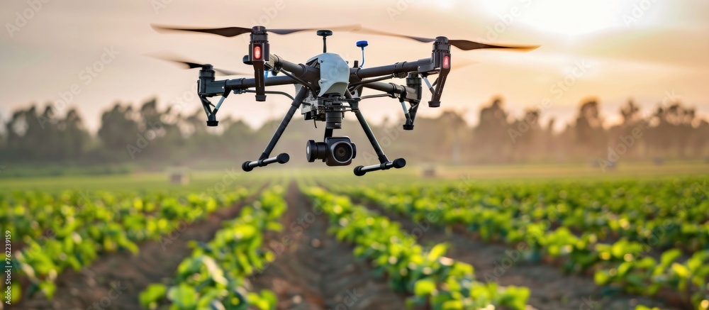 Drone flying over a field of young seedlings. 3d illustration Drone flying over a field of young seedlings. 3d illustration