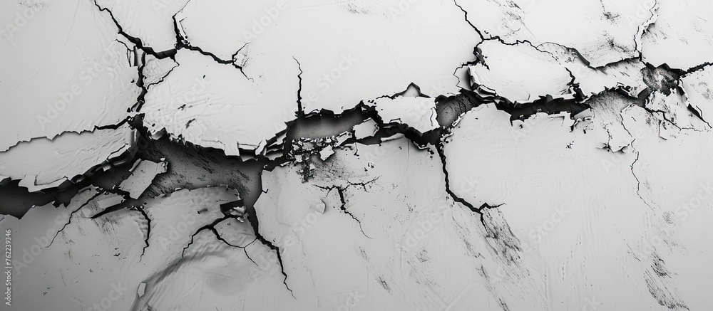 Obraz premium A black and white photograph capturing the textured surface of a cracked wall, resembling a unique piece of abstract art with hints of a tree twig, water droplets, and a distant landscape