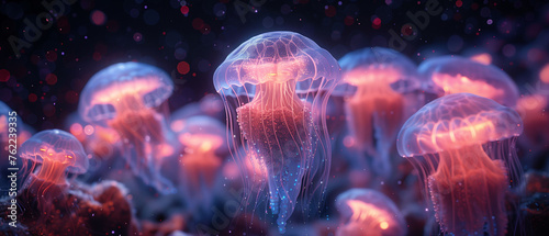 Neon Sea Drifters: Jellyfish floating gracefully with a bioluminescent glow  © TechnoMango