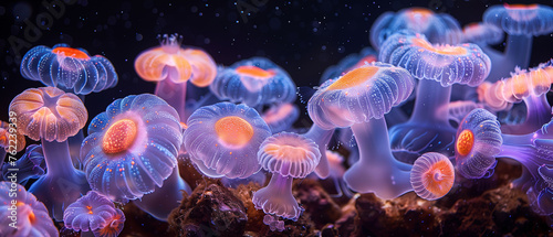 Enchanting Underwater Dance: Bioluminescent jellyfish floating in the deep sea  © TechnoMango