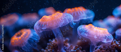Ethereal Underwater Dance: Neon jellyfish gracefully drifting in the ocean depths 
