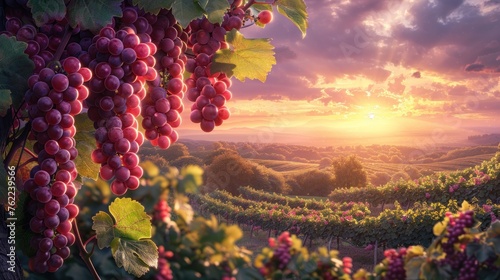 A vibrant sunset illuminates a lush vineyard highlighting ripe grapes emphasizing the beauty and fertility of the landscape