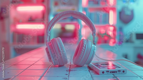 Retro musical background wiht Headphones and retro cassette tapes on neon pink background. Nostalgia for 90s. Musical concept. Generative ai