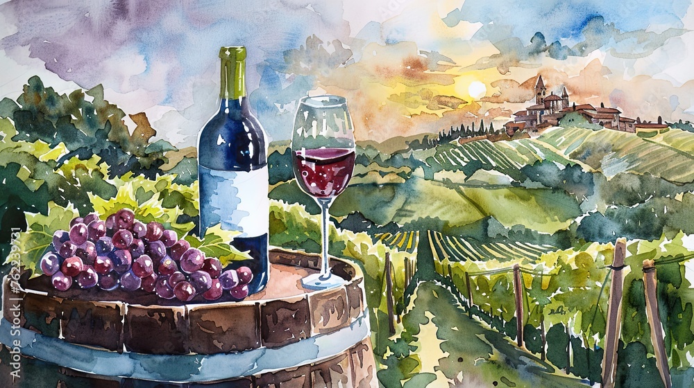 Watercolor illustration of a vineyard at sunset focusing on a wine bottle, glass and grapes atop a barrel; a distant chateau overlooks rolling hills