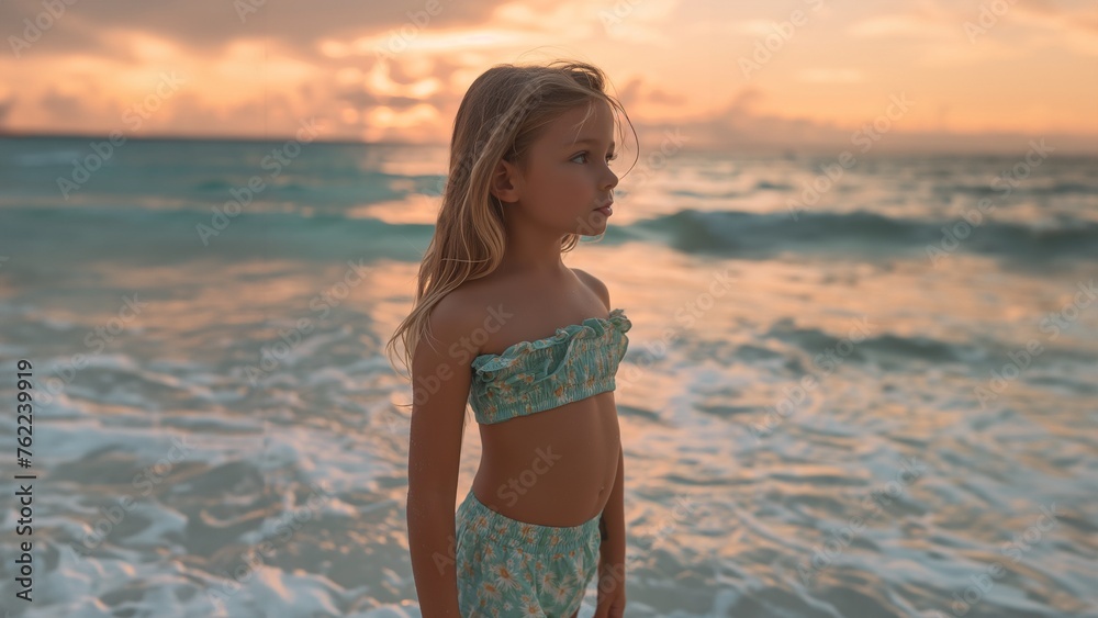 Fototapeta premium Hübsches Mädchen mit langen fliegenden Haaren und Bikini in der Sonne am Strand