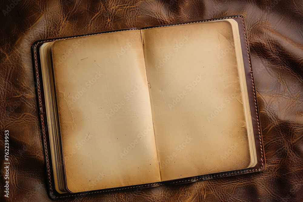 An old yellowish notebook with blank page - obrazy, fototapety, plakaty 