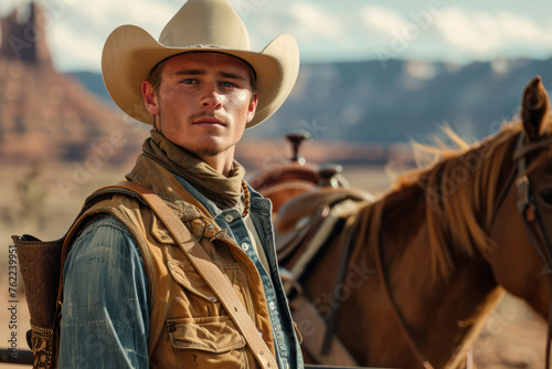 A man in a cowboy hat and vest stands next to a horse in a desert. A cowboy standing next to a brown horse in the background of the Wild West