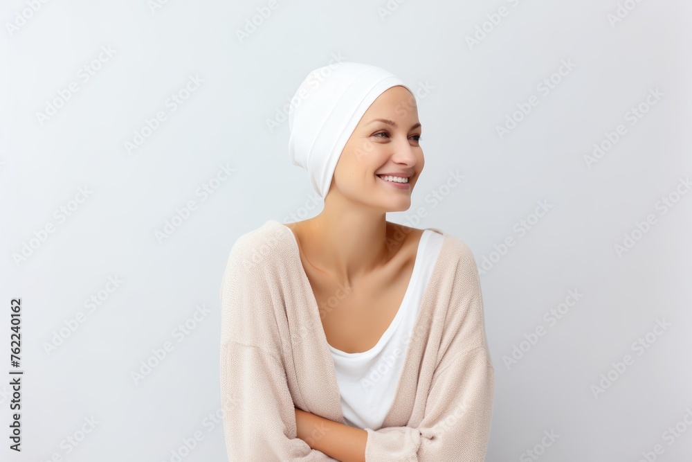 Smiling woman in a headscarf looking away with hope after chemotherapy. Hopeful Woman with Headscarf After Chemotherapy Smiling woman in a headscarf looking away with hope after chemotherapy. Hopeful Woman with Headscarf After Chemotherapy