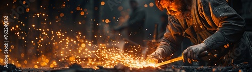 Amidst the medieval marketplace, a blacksmith forges a sword, sparks flying in the dusky light Close-up shot, emphasizing details of the swordmaking process, warm Rembrandt lighting creating dramatic  photo