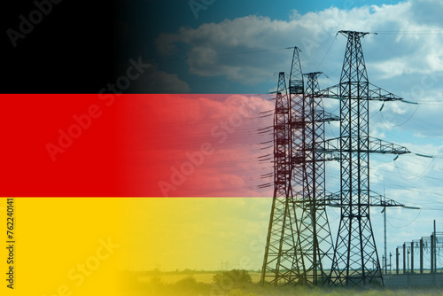 Germany flag and electricity pylon mixed image. Expensive electricity concept. High costs for energy.