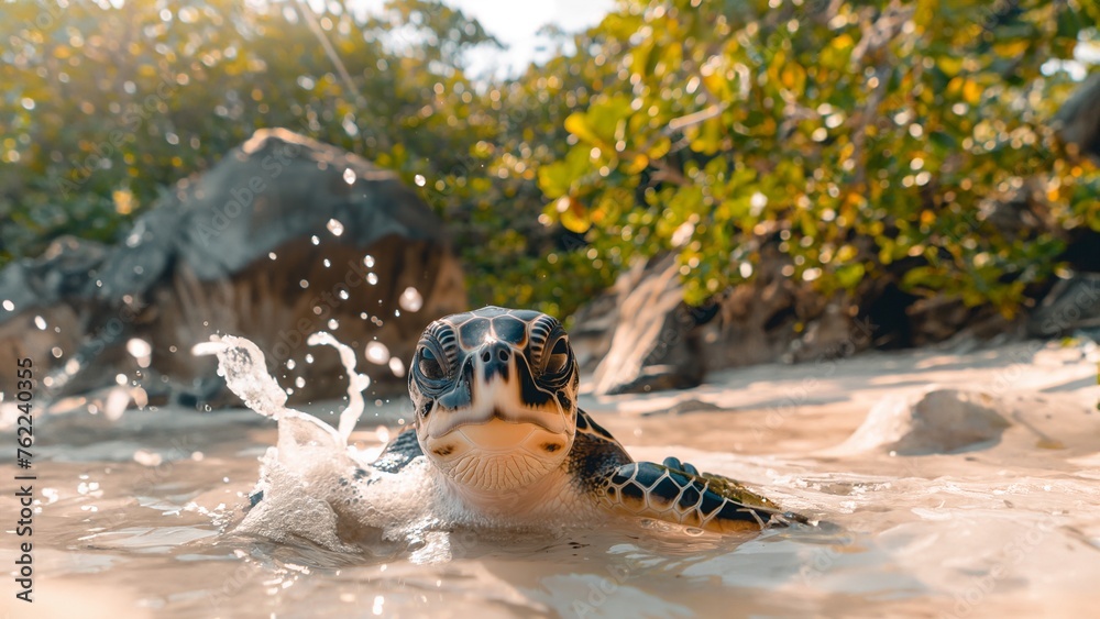 Schildkröte am Sandstrand mit Meer als Hintergrundmotiv, ai generativ - obrazy, fototapety, plakaty 