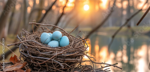 A thrush's nest with blue eggs on the shore of a lake.