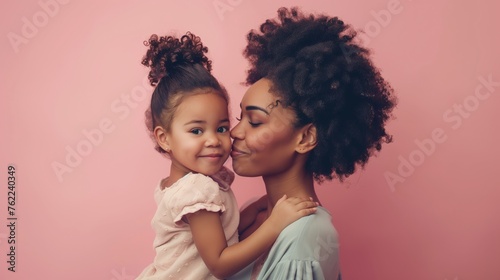 Afro- american(black woman) Mother and little kid daughter isolated on pastel background, Mother's Day love family parenthood childhood concept 