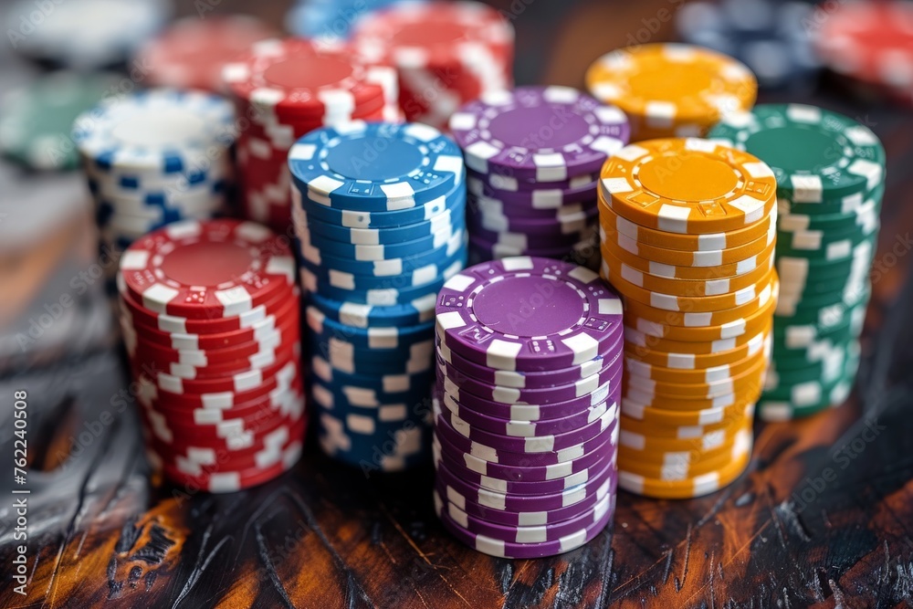 Close-up image with colorful stacks of casino poker chips on a wooden surface, depicting the atmosphere of gambling Close-up image with colorful stacks of casino poker chips on a wooden surface, depicting the atmosphere of gambling