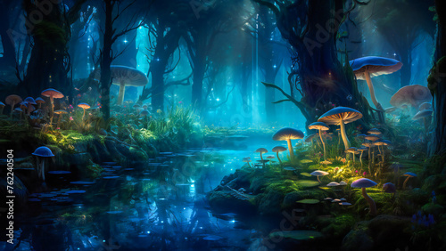 An enchanted forest in the night  with luminescent plants and mushrooms