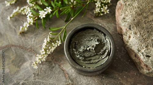 A bowl of green clay mask, white flowers, and a stone on a textured surface